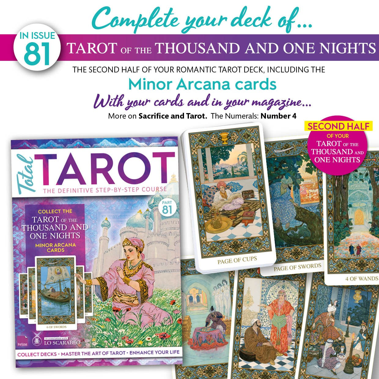 Tarot card set with 'Tarot of the Thousand and One Nights' and promotional text for issue 81.