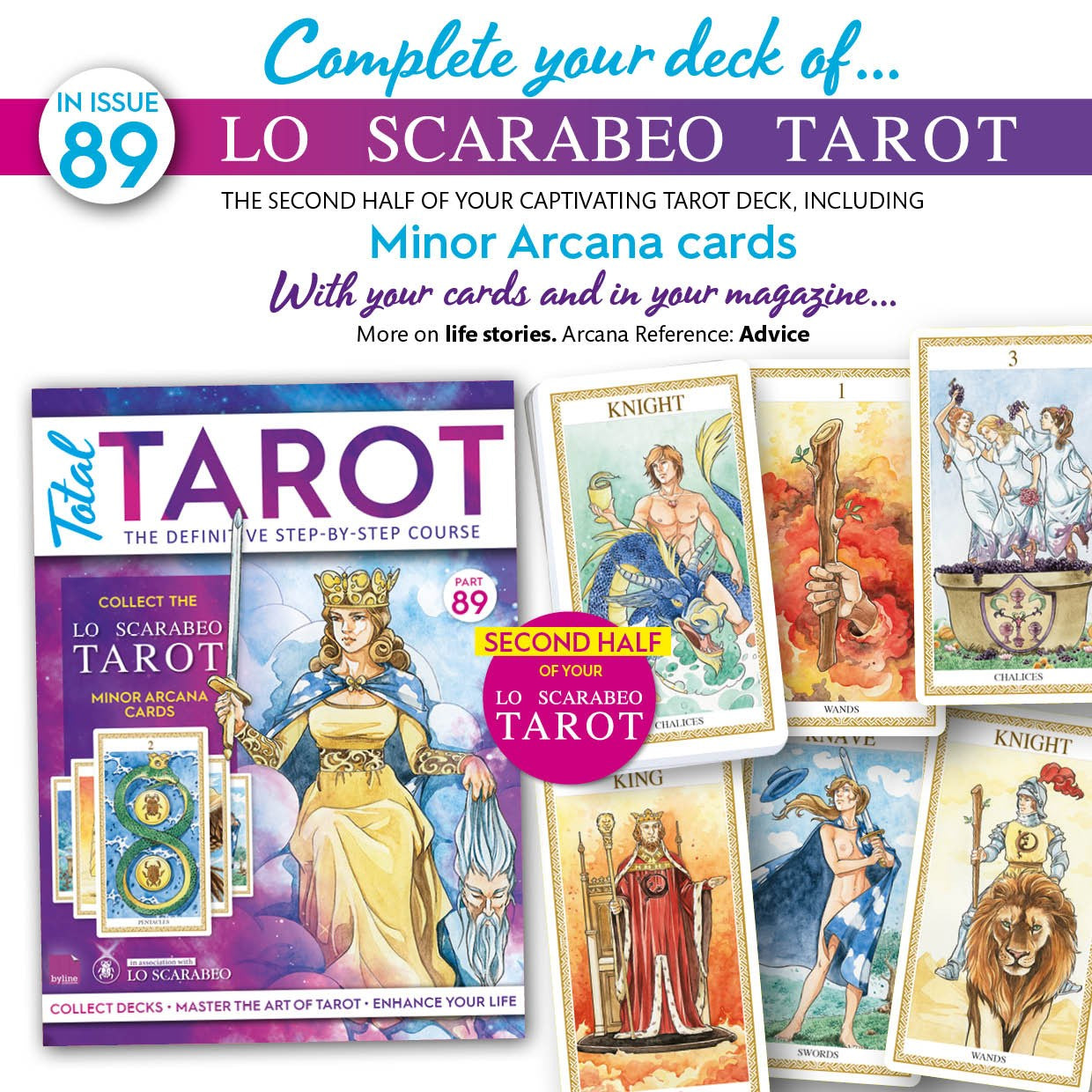 Lo Scarabaeo Tarot book with tarot cards and promotional text for Issue 89.