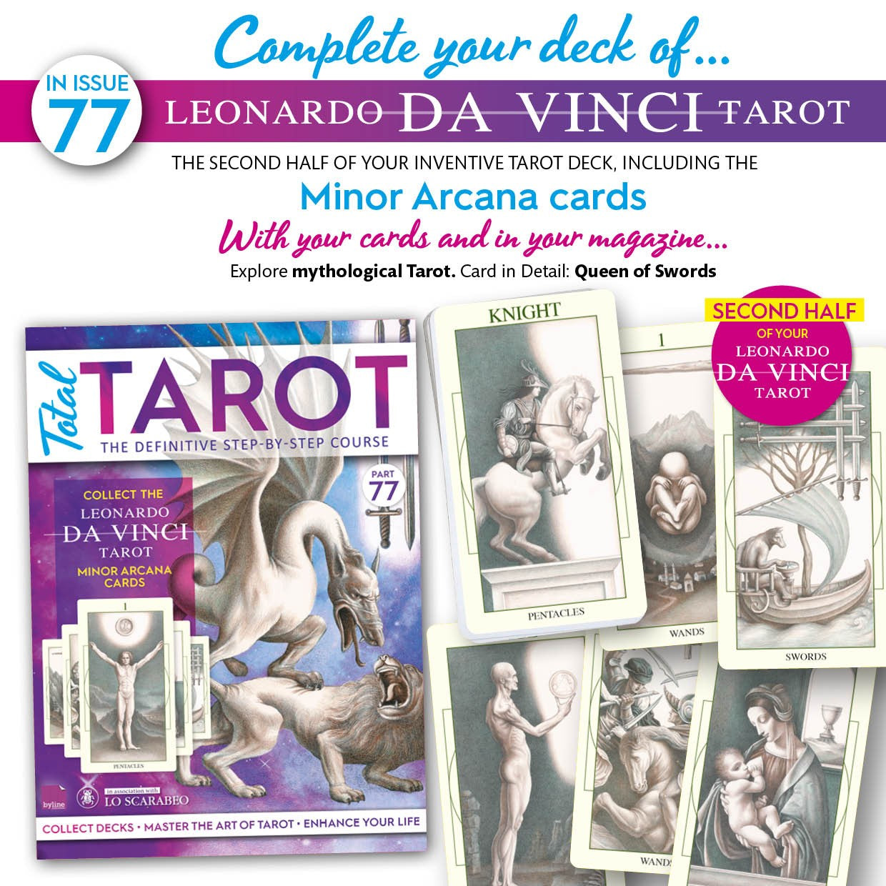 Magazine cover featuring Leonardo da Vinci Tarot cards with promotional text.