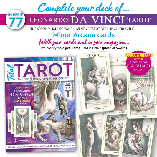 Magazine cover featuring Leonardo da Vinci Tarot cards with promotional text.