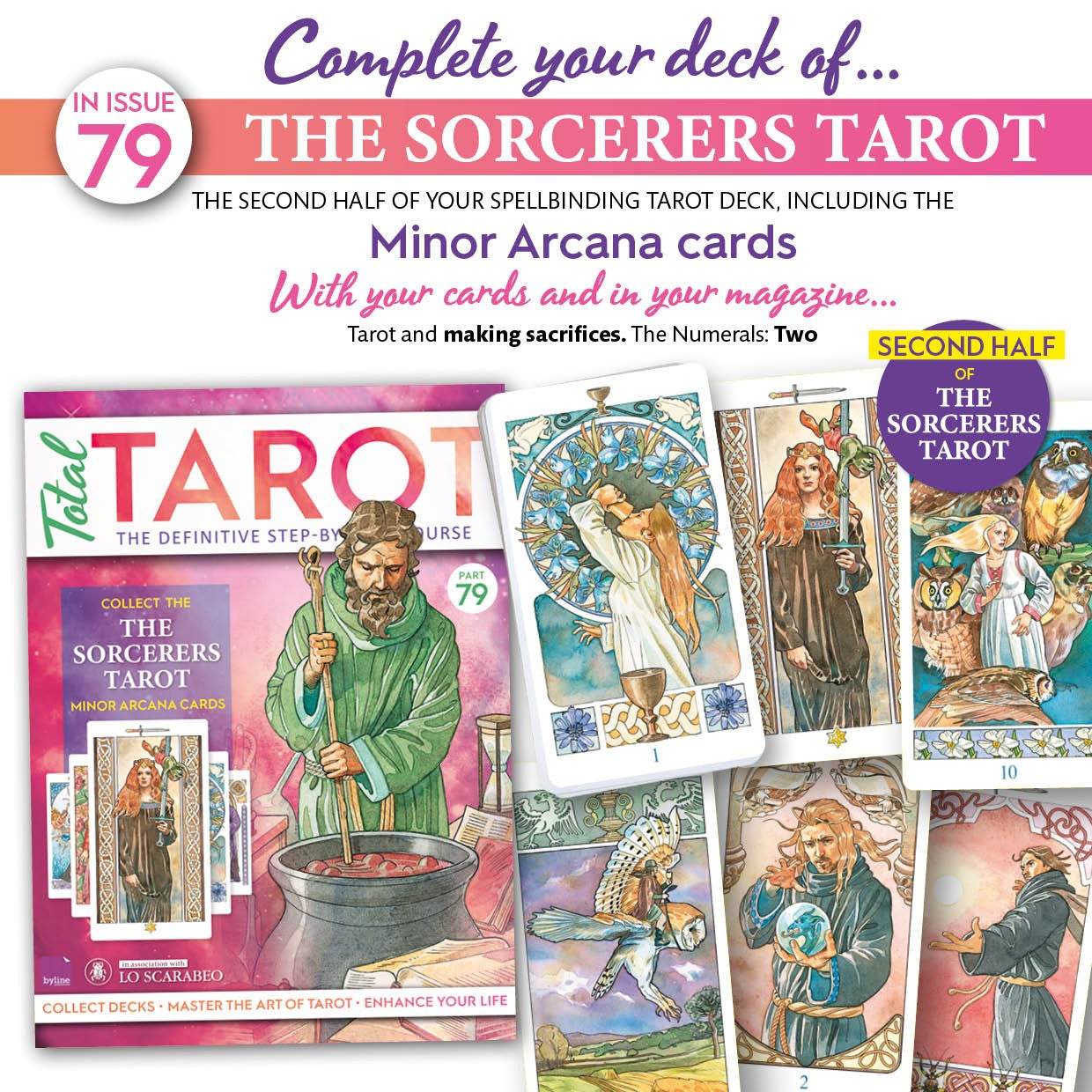 Magazine cover featuring The Sorcerers Tarot with tarot cards and text about the deck.