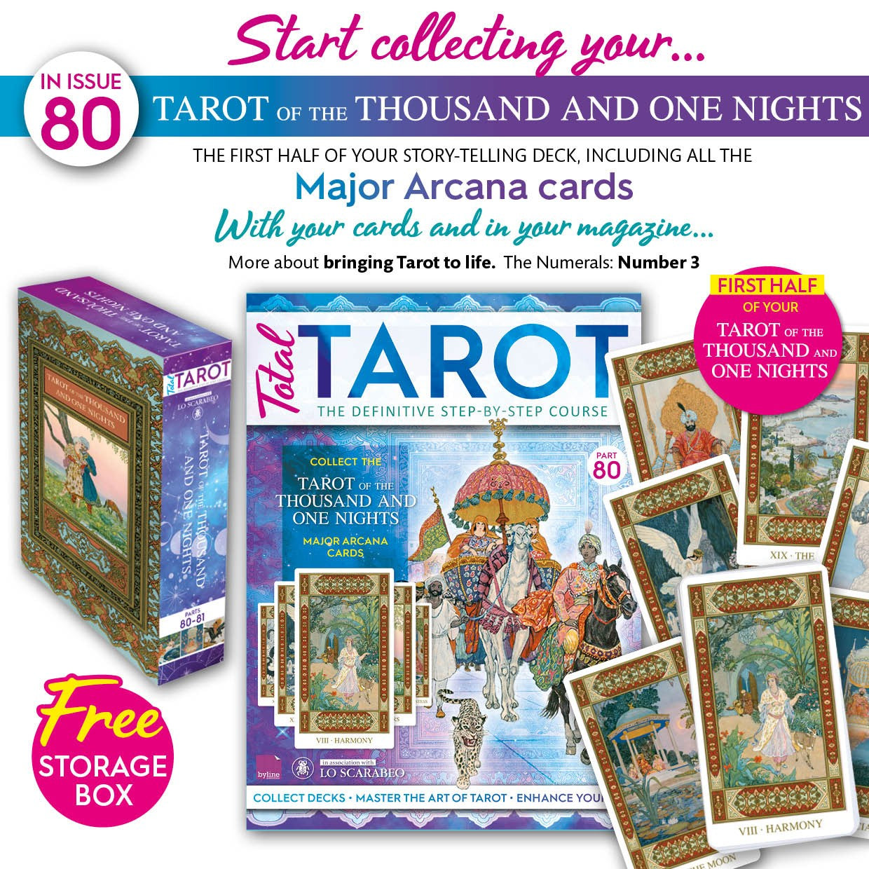 Advertisement for Tarot cards with packaging and cards displayed, featuring text about collecting the 'Tarot of the Thousand and One Nights'.