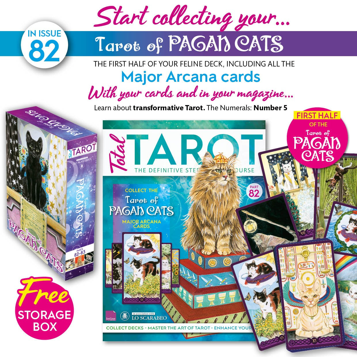 Promotional image of Tarot of Pagan Cats with packaging and cards displayed.