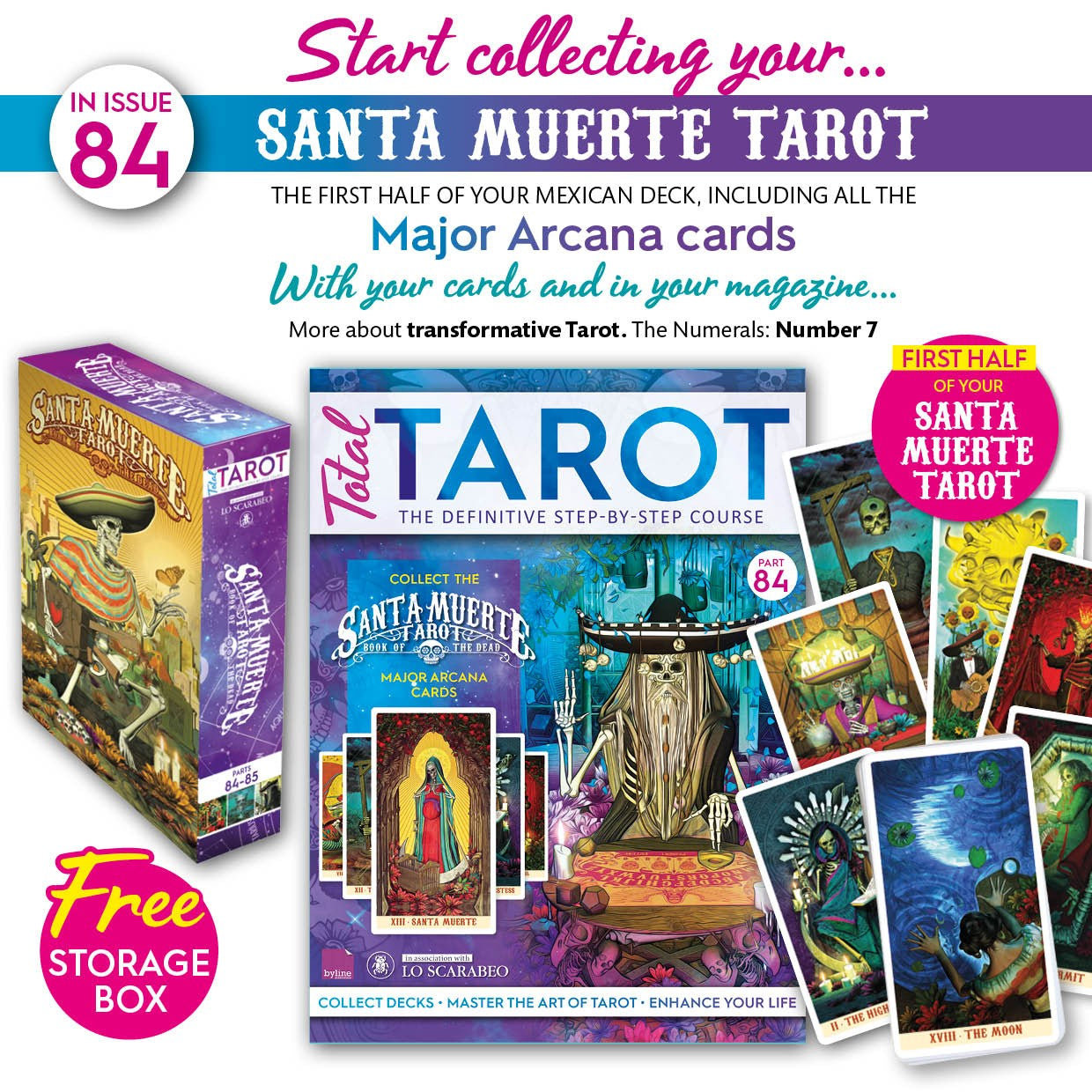 Advertisement for Santa Muerte Tarot with tarot cards and packaging on a white background