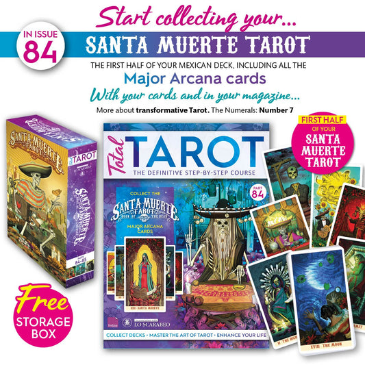 Advertisement for Santa Muerte Tarot with tarot cards and packaging on a white background