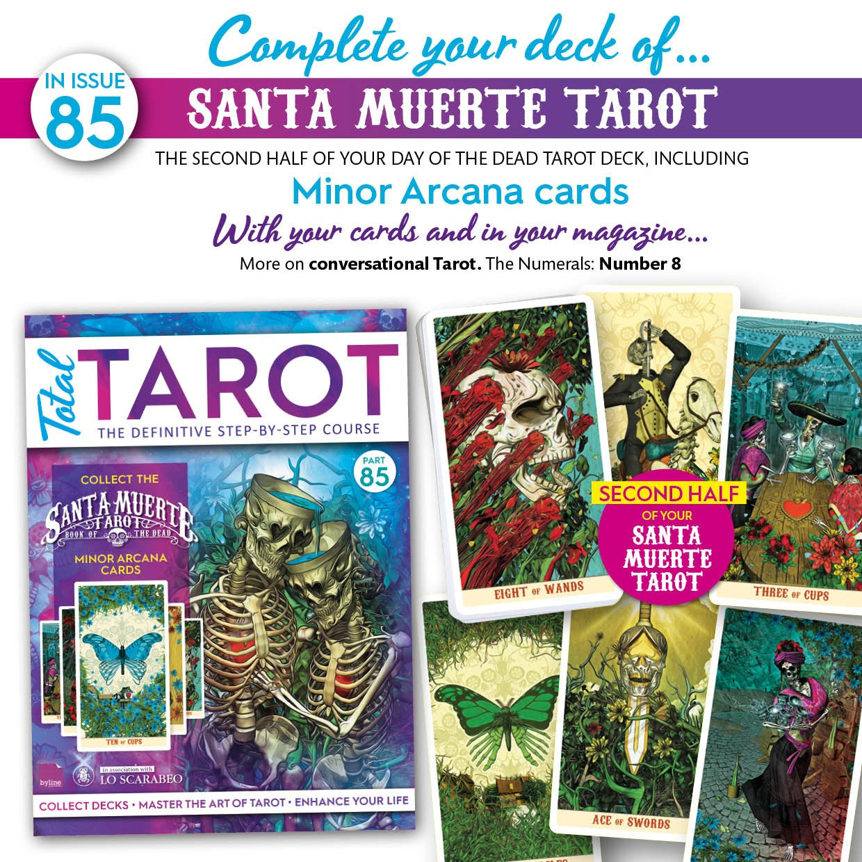 Advertisement for Santa Muerte Tarot with tarot cards and magazine cover.