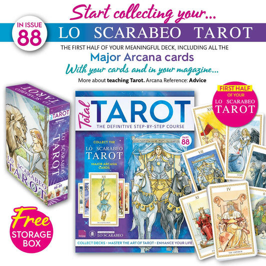 Lo Scarabeo Tarot set with packaging and cards displayed, featuring promotional text about the product.